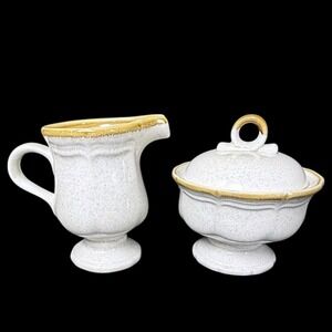 Mikasa EC‎ 400 Garden Club Creamer & Sugar Bowl Beige Speckled Brown Drip Rim